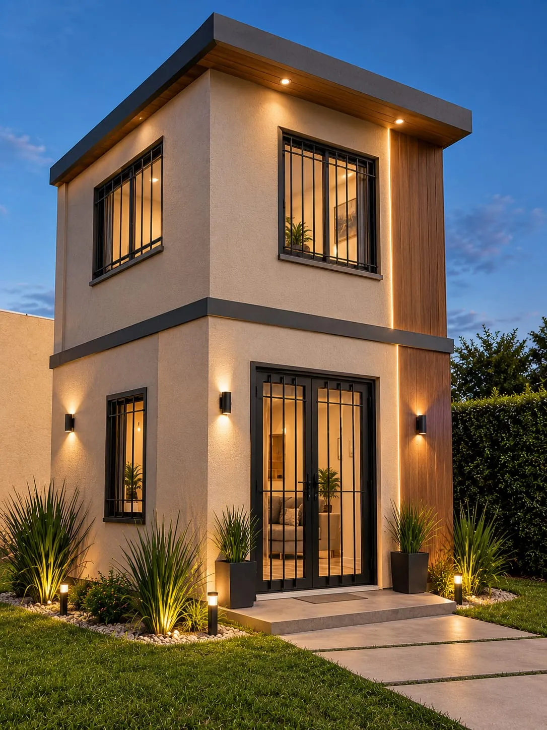 Render ilustrativo de una vivienda dúplex de dos plantas con frente revocado, detalle en madera y puerta de dos hojas