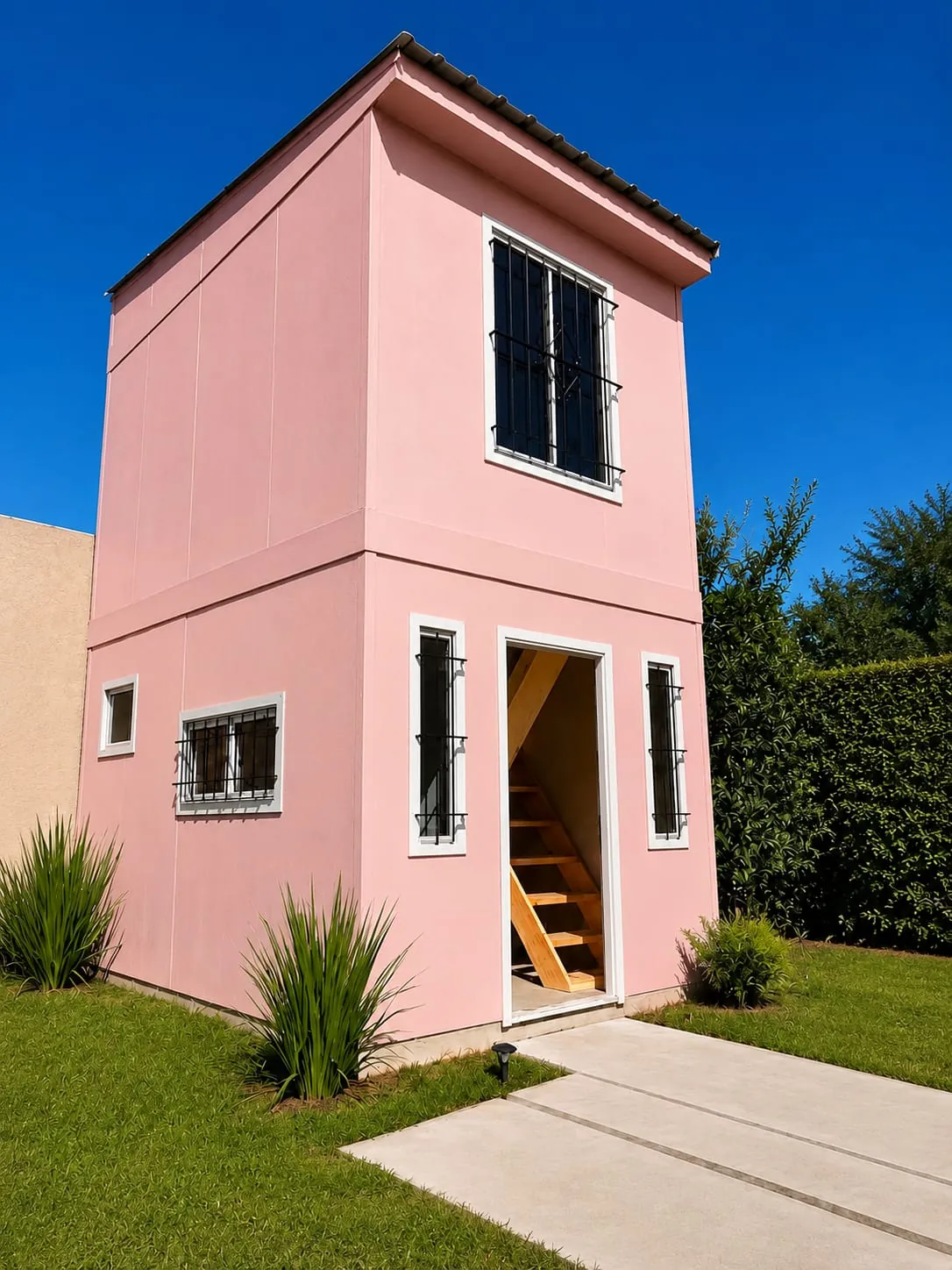 Render ilustrativo de vivienda de dos plantas con frente rosa y escalera de madera visible desde el acceso