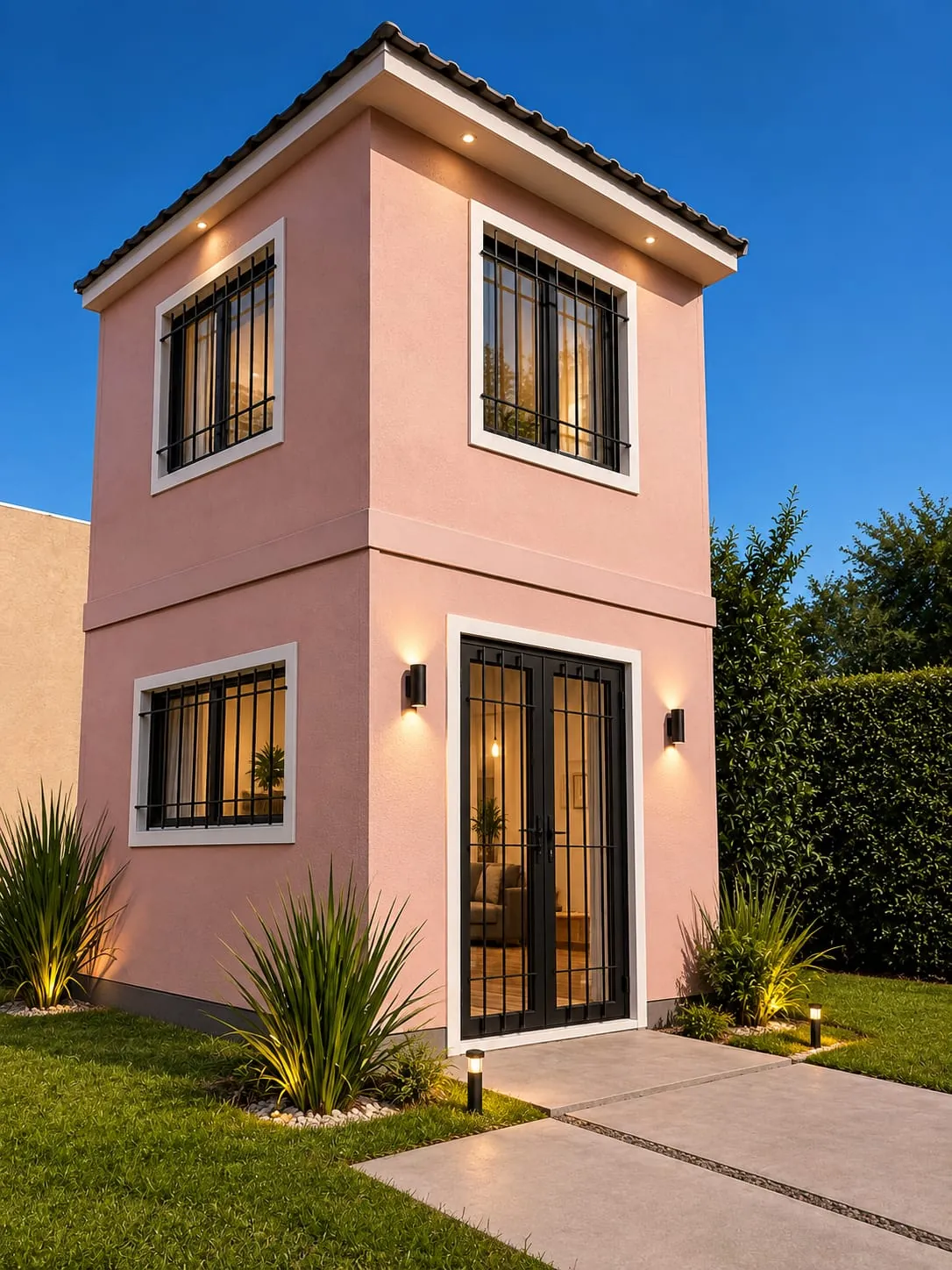 Render ilustrativo de vivienda de dos plantas con frente rosa, iluminación exterior y puerta de dos hojas